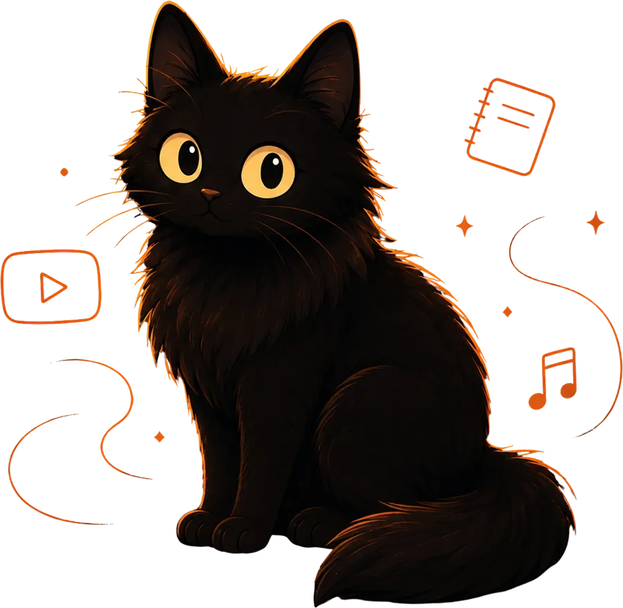 The Binxi cat, sitting calmly among floating video and music doodles.