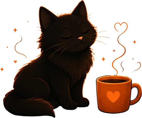 The Binxi cat enjoying a warm cup of coffee.